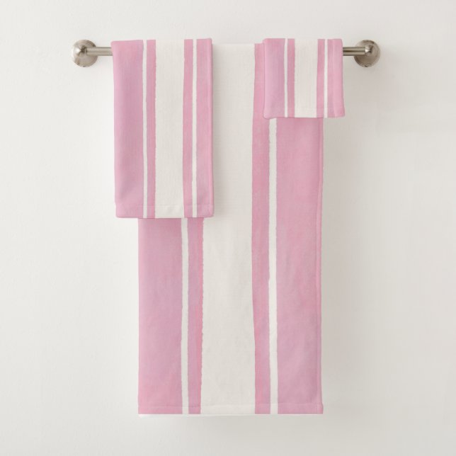 Conjunto De Toalhas Cabana Rosa e Branco Listra Vertical Verão (Insitu)