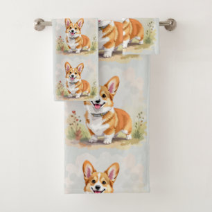 Conjunto De Toalhas Cachorro Corgi Galês Pembroke Vermelho Fofo