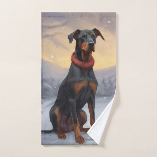 Conjunto De Toalhas Cachorro Doberman no Natal da Neve (Toalha de mão)