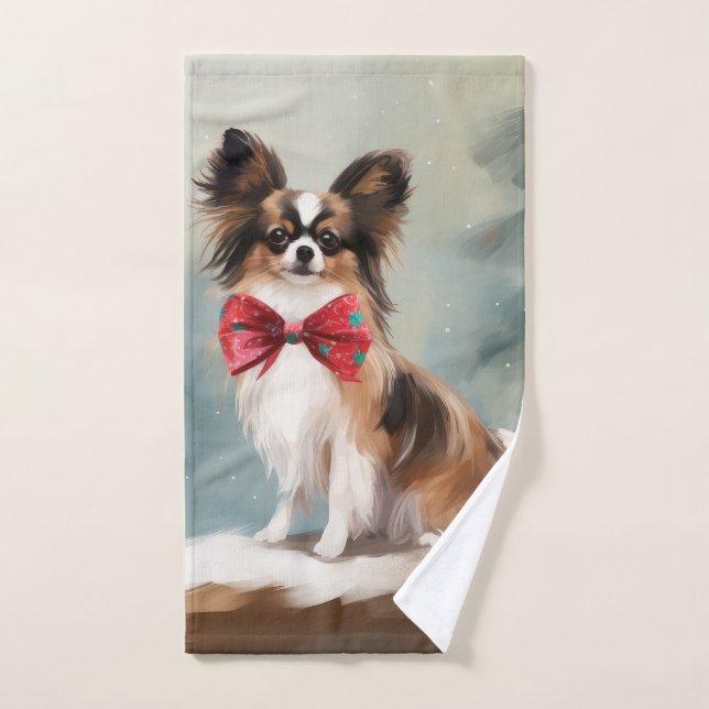 Conjunto De Toalhas Cachorro Papillon na Neve Natal  (Toalha de mão)