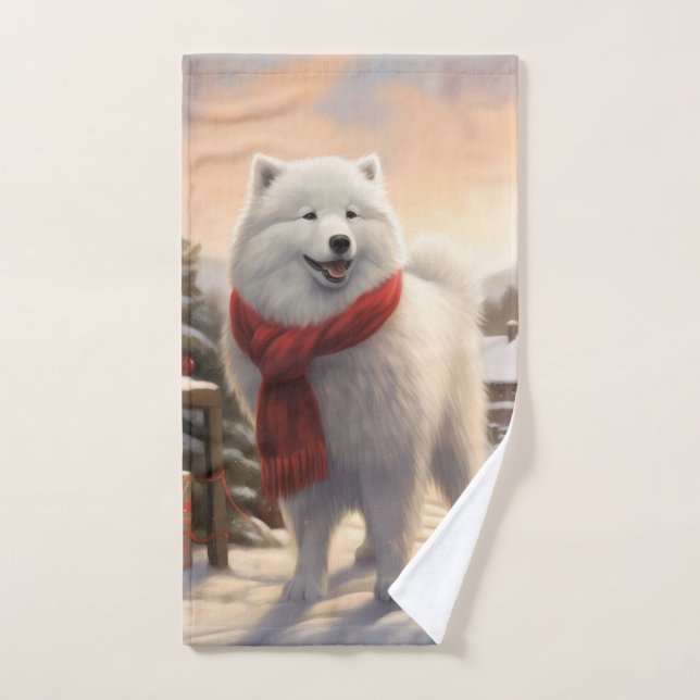 Conjunto De Toalhas Cachorro Samoyed no Natal da Neve (Toalha de mão)