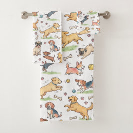 Conjunto De Toalhas Cachorros Fofos Brincando em Todo Lugar