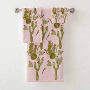 Conjunto De Toalhas Cacto Pintado à Mão Aquarela Padrão Rosa