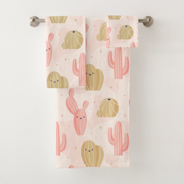 Conjunto De Toalhas cacto rosa-rosa desenhado à mão (Insitu)
