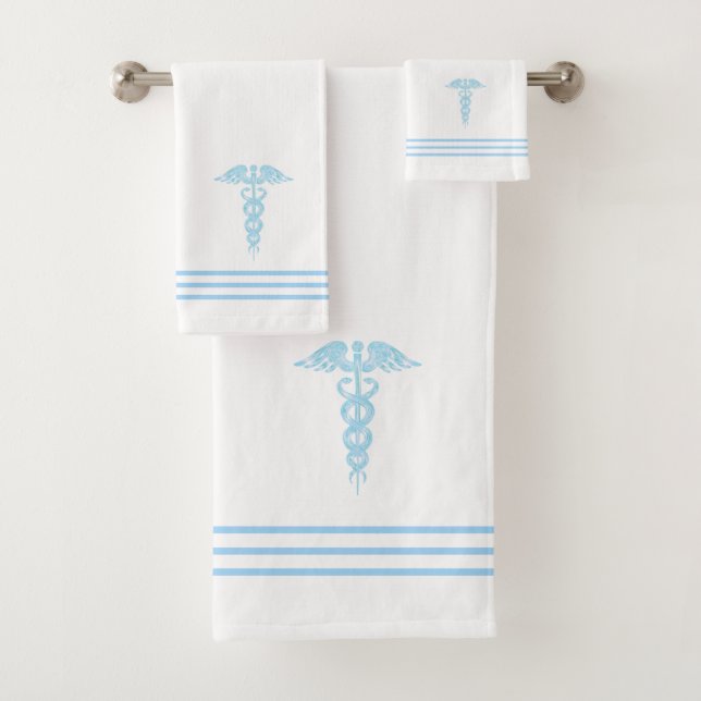 Conjunto De Toalhas Caduceu Azul Turquesa Claro e Listras em Branco (Insitu)