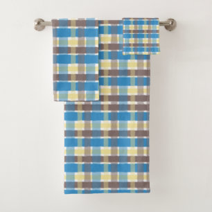 Conjunto De Toalhas Café Castanho-Amarelo Xadrez Azul Sônico