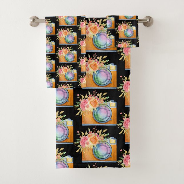 Conjunto De Toalhas Câmera Laranja Boho e Flores Padrão de Aquarela (Insitu)