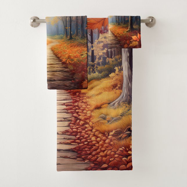 Conjunto De Toalhas Caminho da Floresta do outono com Folhagem de Queb (Insitu)