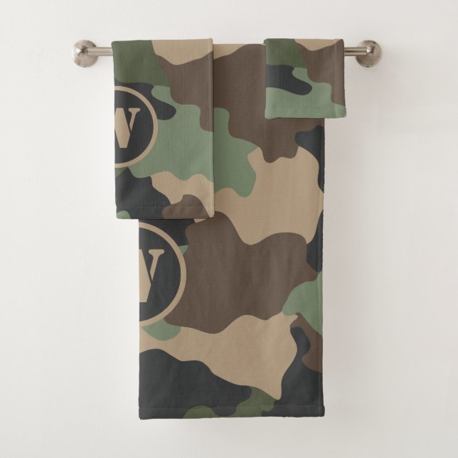 Conjunto De Toalhas Camouflage Woodland Camo Khaki Tan Black Monograma (Insitu)