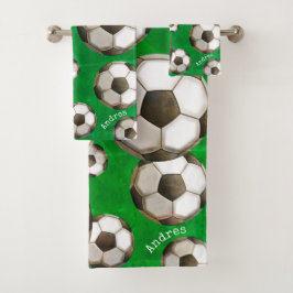 Conjunto De Toalhas Campo de Futebol Verde Personalizado | Bolas de fu