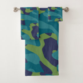 Conjunto De Toalhas Camuflado Abstrato Azul Verde e Turquesa