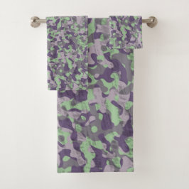 Conjunto De Toalhas camuflado abstrato verde e roxo