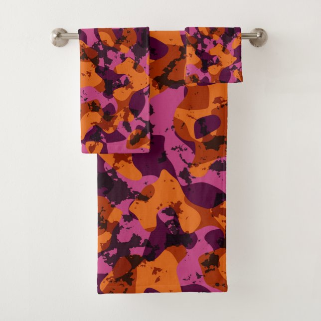 Conjunto De Toalhas Camuflagem abstrata laranja, rosa e grená (Insitu)