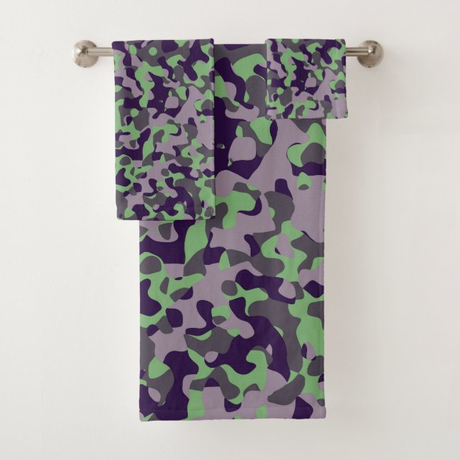 Conjunto De Toalhas camuflagem abstrata verde e violeta desbotada (Insitu)