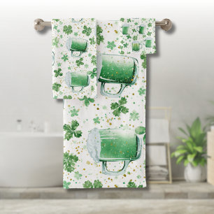 Conjunto De Toalhas Canecas de Cerveja Verde Elegantes e Trevos Branco