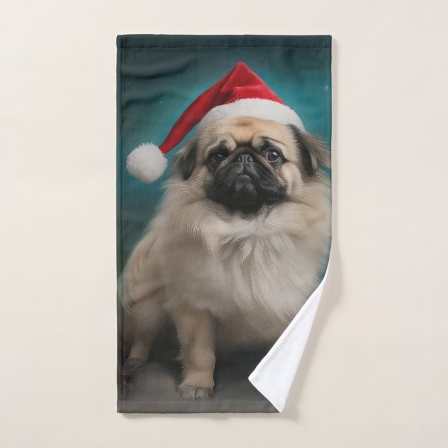 Conjunto De Toalhas Cão Pequinês na Neve Natal (Toalha de mão)