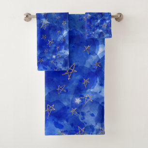 Conjunto De Toalhas Caprichoso Aquarela Azul Bronze Dourado Lua Estrel
