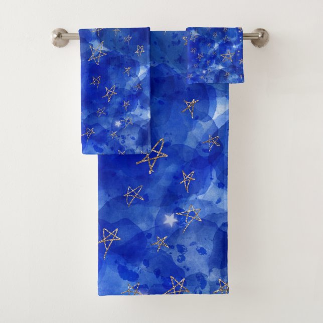 Conjunto De Toalhas Caprichoso Aquarela Azul Bronze Dourado Lua Estrel (Insitu)
