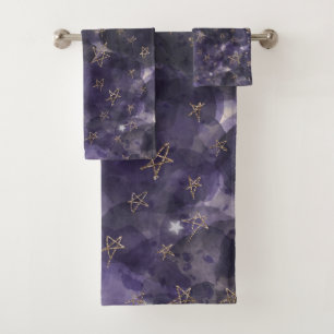 Conjunto De Toalhas Caprichoso Aquarela Roxo Bronze Dourado Lua Estrel