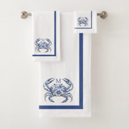 Conjunto De Toalhas Caranguejo Azul Monograma Náutico Costeiro