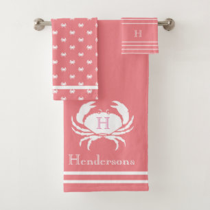 Conjunto De Toalhas Caranguejo branco rosa-coral monograma náutico