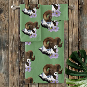 Conjunto De Toalhas Carneiro Majestoso Bighorn Marrom Montanhas Verde