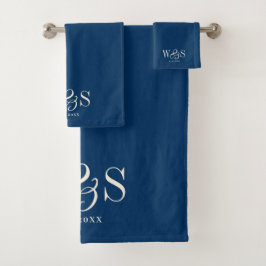 Conjunto De Toalhas Casais de noivos iniciais em azul naval elegante