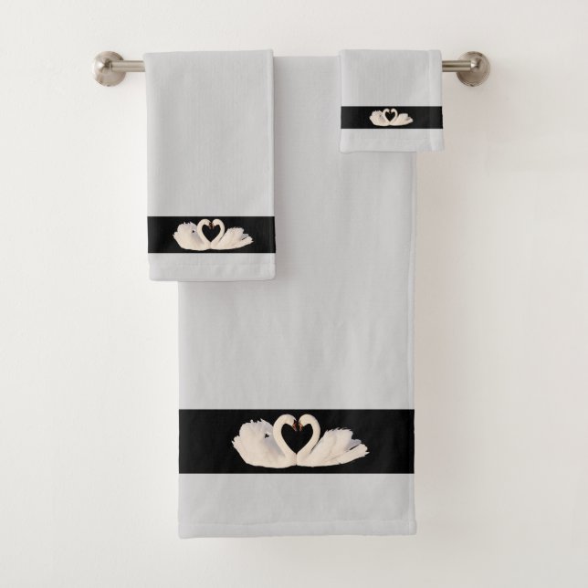 Conjunto De Toalhas Casal de Cisnes em Preto e Cinza Prata Claro (Insitu)