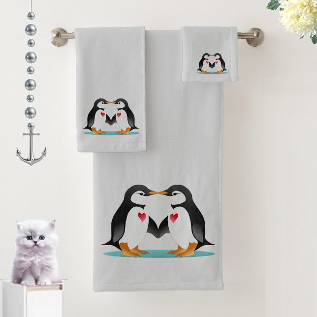 Conjunto De Toalhas Casal de Pinguins Fofo Moderno em Cinza Claro (Criador carregado)