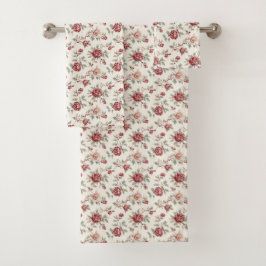 Conjunto De Toalhas Casamento Floral Creme Vermelho Chic Bonito
