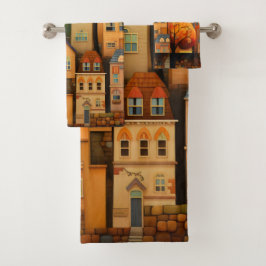 Conjunto De Toalhas Casas e árvores coloridas no outono