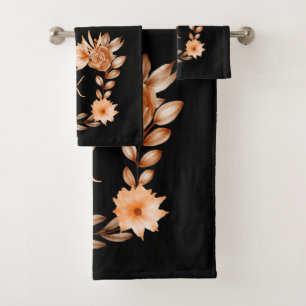 Conjunto De Toalhas Castanho Negro e Floral de Pêssego Monograma