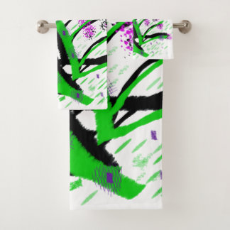 Conjunto De Toalhas Caules Verdes Flores Roxas