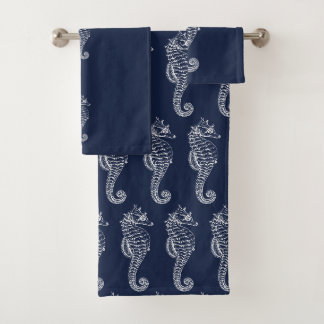 Conjunto De Toalhas Cavalo-marinho branco e azul