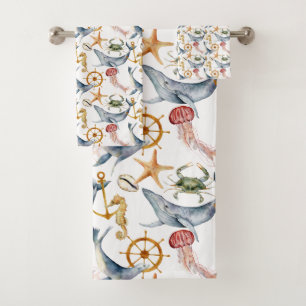 Conjunto De Toalhas Cavalo-marinho, Navios Roda, Baleias, Caranguejo, 