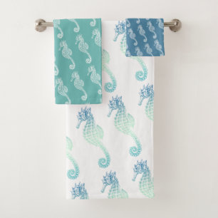 Conjunto De Toalhas Cavalo-Marinho Verde Azul