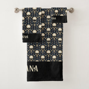 Conjunto De Toalhas Caveiras de gótico com Floral Azul