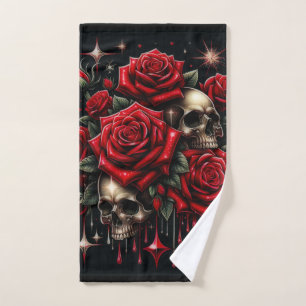 Conjunto De Toalhas Caveiras Douradas & Rosas Vermelhas Brilham Glamou