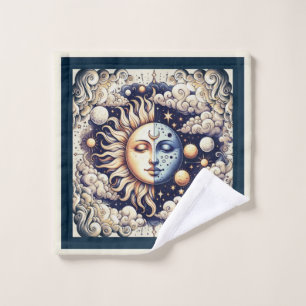 Conjunto De Toalhas Celestial Vintage Meio Sol & Lua Azul Amarelo