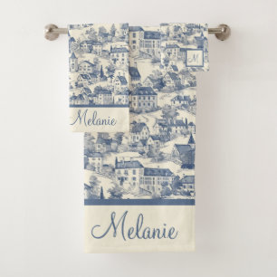 Conjunto De Toalhas Cena da Vila Elegante de Toile Azul de Jouy