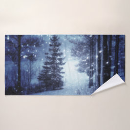 Conjunto De Toalhas Cena de inverno da Floresta Mágica Azul Lua