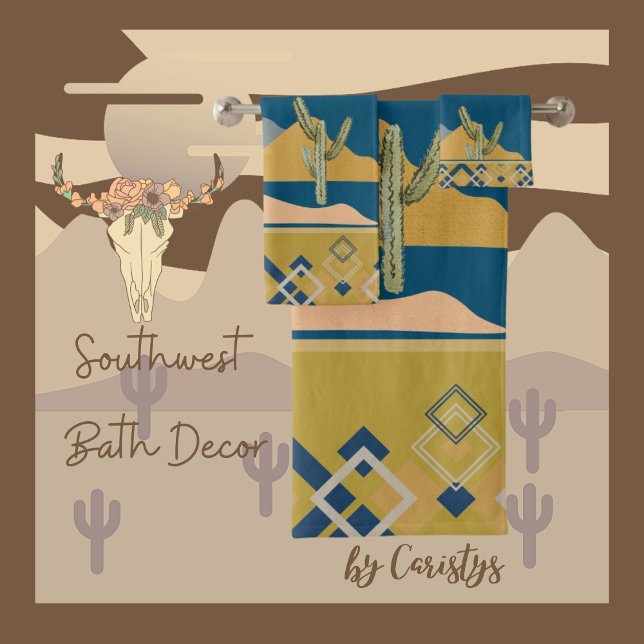 Conjunto De Toalhas Cena do Deserto Cactus e Trim Geométrico (Southwest Bath Decor. 
Available in Golden Rod, Olive, Rust, Navy, Smokey Teal, Clay, Brown)