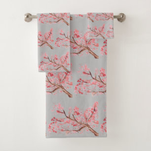 Conjunto De Toalhas Cereja florescente Sakura Floral Rosa Cinza Japone