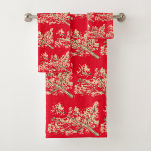 Conjunto De Toalhas Cereja florescente Sakura Red Floral Japonês Branc