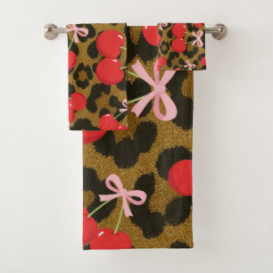 Conjunto De Toalhas Cerejas Vermelhas com Laço Rosa Impressão Leopardo