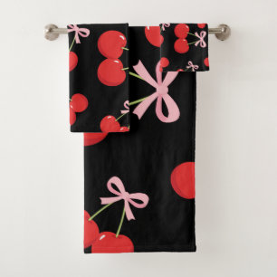 Conjunto De Toalhas Cerejas Vermelhas Pretas Laço Rosa Coquette Charmo