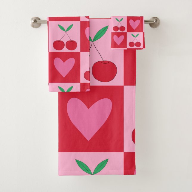 Conjunto De Toalhas Cerejas Xadrez com Padrão de Corações Rosas (Insitu)