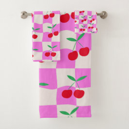 Conjunto De Toalhas Cerejas Xadrez em Tabuleiros Xadrez Cor-de-Rosa Di