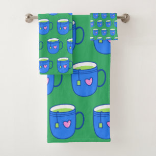 Conjunto De Toalhas Chá verde de Matcha com padrão azul de brilho de
