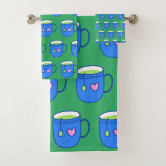 Conjunto De Toalhas Chá Verde Matcha no Padrão Brilhante Azul de Mug